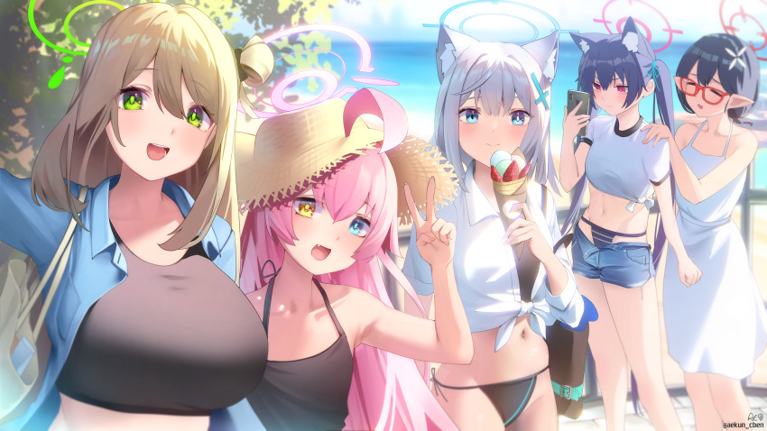 5girls :d aekun_cben ahoge alternate_costume animal_ear_fluff animal_ears armpits asymmetrical_gloves ayane_(blue_archive) beach black_hair blue_archive blurry braid brown_hair cat_ears cat_girl collarbone commentary_request cross_hair_ornament crown_braid depth_of_field food glasses gloves green_eyes hair_between_eyes hair_bun hair_ornament halo heterochromia highres holding holding_food horizon hoshino_(blue_archive) ice_cream_crepe long_hair long_sleeves looking_at_viewer medium_hair midriff mismatched_gloves multiple_girls navel nonomi_(blue_archive) ocean outdoors pink_hair pointy_ears red_eyes selfie serika_(blue_archive) shiroko_(blue_archive) short_hair short_sleeves single_side_bun sleeveless smile stomach summer twintails wolf_ears wolf_girl