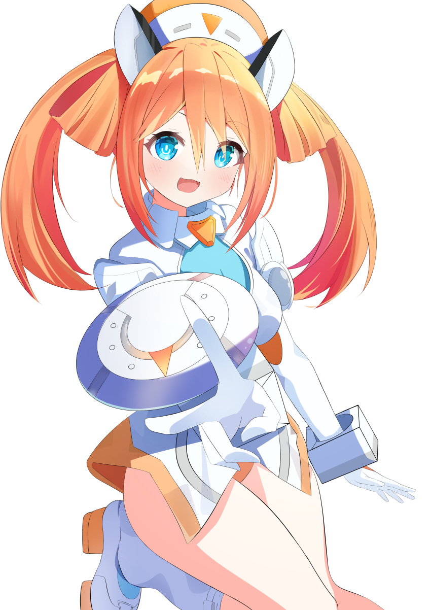 1girl :d absurdres bare_legs blue_eyes blush boots breasts ceta2127 hair_between_eyes hair_rings hand_up happy hat high_heel_boots high_heels highres leg_up leotard long_hair looking_at_viewer medium_breasts neptune_(series) nurse_cap orange_hair orange_heart power_symbol shield shin_jigen_game_neptune_vii simple_background smile solo symbol-shaped_pupils twintails v white_background