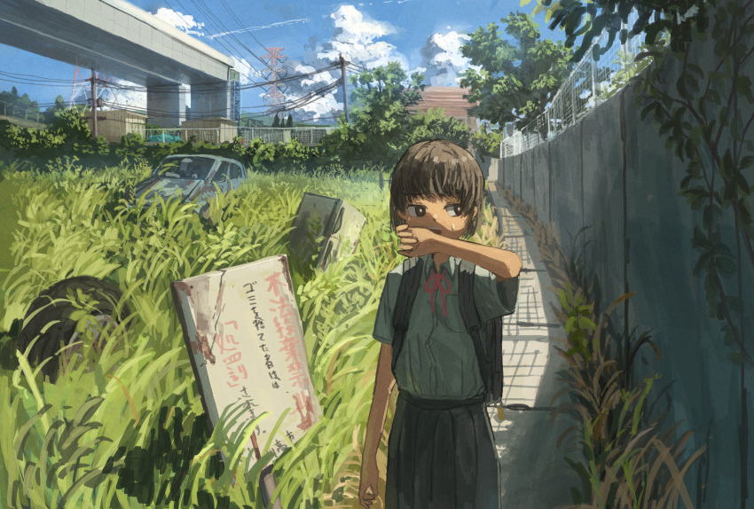 1girl absurdres anko1127 arm_at_side black_skirt bright_pupils brown_eyes brown_hair car chain-link_fence cloud commentary_request contrail cowboy_shot cumulonimbus_cloud day dress_shirt fence grass grey_shirt hand_up highres looking_to_the_side motor_vehicle neck_ribbon open_mouth original outdoors overpass path plant power_lines red_ribbon refrigerator ribbon rust scenery school_uniform shirt short_hair short_sleeves sign skirt solo summer sweat tall_grass tire town utility_pole vines wall white_pupils wiping_sweat