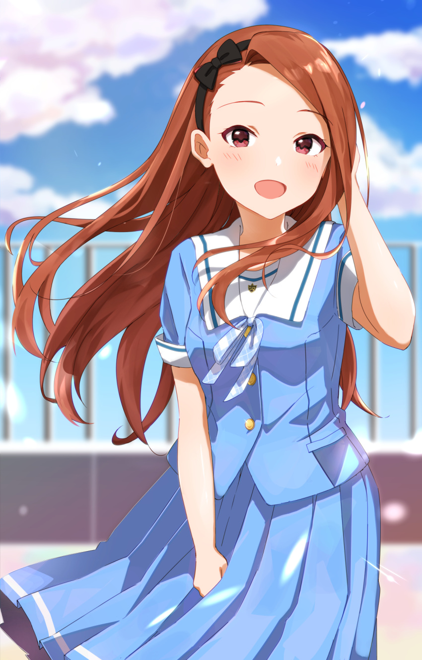 1girl black_hairband black_ribbon blue_bow blue_bowtie blue_jacket blue_skirt blue_sky blurry blurry_background blush bow bowtie breasts brown_eyes brown_hair cloud day dot_nose fence hair_ribbon hairband hand_up highres idolmaster idolmaster_(classic) idolmaster_million_live! idolmaster_million_live!_theater_days jacket long_hair looking_at_viewer maa_(io_215) minase_iori open_mouth plaid plaid_bow plaid_bowtie pleated_skirt ribbon sailor_collar short_sleeves skirt sky small_breasts smile solo white_sailor_collar