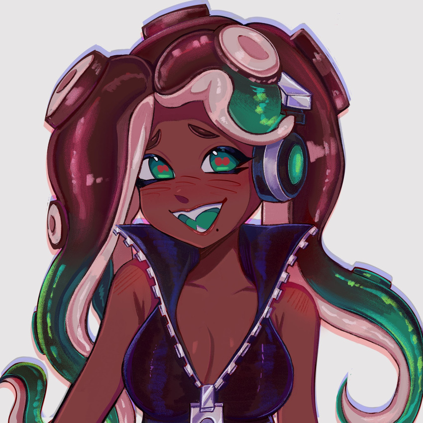 1girl black_hair breasts cleavage dark-skinned_female dark_skin green_eyes green_hair headphones highres large_breasts long_hair marina_(splatoon) mole mole_under_mouth multicolored_hair open_mouth ruinique simple_background sleeveless sleeveless_jacket smile solo splatoon_(series) splatoon_2 teeth tentacle_hair two-tone_hair upper_body white_background