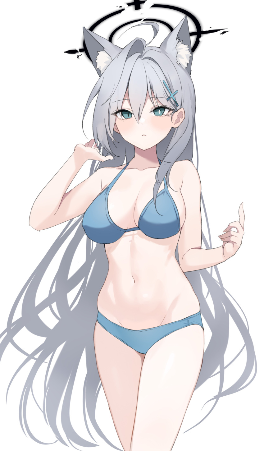 1girl absurdres ahoge animal_ear_fluff animal_ears bare_arms bare_shoulders bikini blue_archive blue_bikini breasts cleavage closed_mouth cowboy_shot expressionless extra_ears fox_ears goyain green_eyes grey_hair hair_ornament hairclip halo halterneck hand_up highres large_breasts long_hair looking_at_viewer mismatched_pupils navel shiroko_(blue_archive) shiroko_(terror)_(blue_archive) simple_background solo stomach string_bikini swimsuit thighs very_long_hair white_background