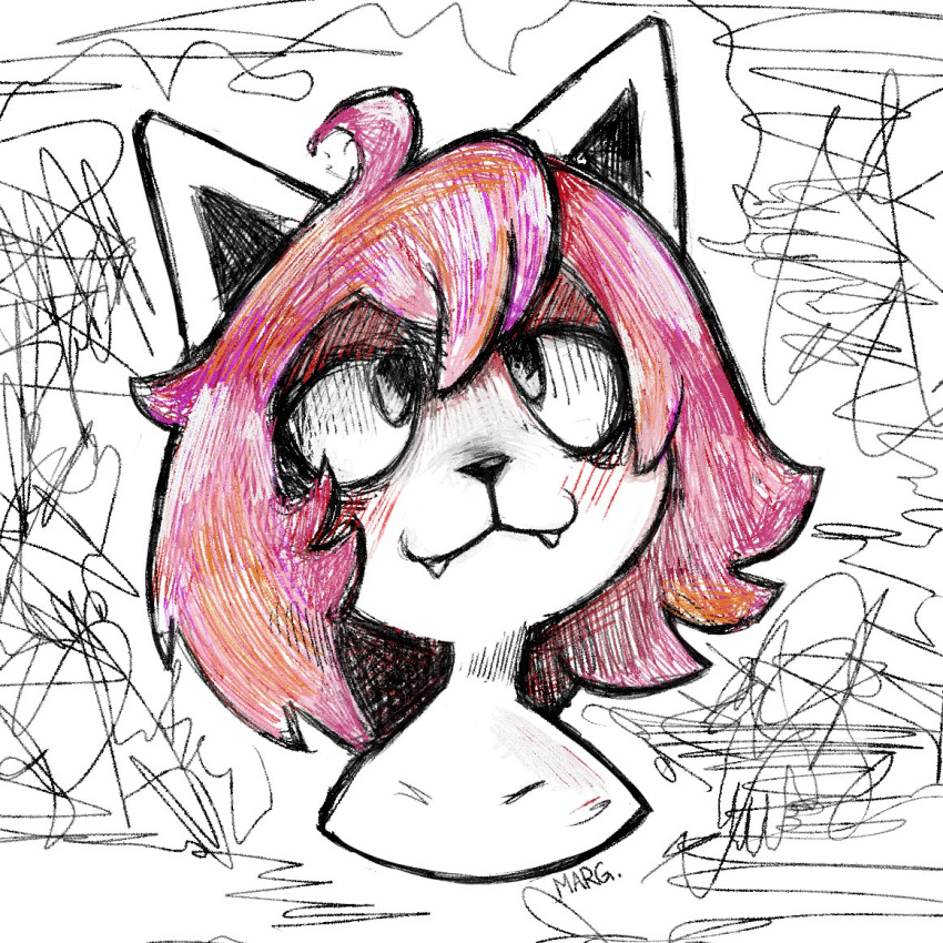 abstract_background anthro black_nose cowlick domestic_cat fangs felid feline felis female fur hair headshot_portrait laizd mammal margaret_(laizd) pink_hair portrait scribbles smile solo teeth white_body white_fur