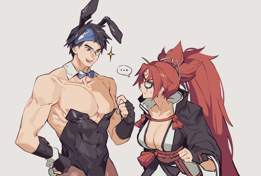 ... 1boy 1girl absurdres animal_ears baiken big_hair black_gloves black_hair black_jacket black_kimono black_leotard blue_headband bow bowtie breasts bunny_day cleavage covered_navel crossdressing detached_collar eyepatch facial_tattoo fake_animal_ears fake_tail fingerless_gloves gloves guilty_gear guilty_gear_strive headband highres itspoff jacket jacket_on_shoulders japanese_clothes kataginu kimono large_breasts leotard long_hair long_sleeves male_playboy_bunny mito_anji multicolored_clothes multicolored_kimono muscular muscular_male one-eyed open_clothes open_kimono pectorals pince-nez pink_hair ponytail rabbit_boy rabbit_ears rabbit_tail samurai scar scar_across_eye short_hair smile strapless strapless_leotard tail tattoo wrist_cuffs