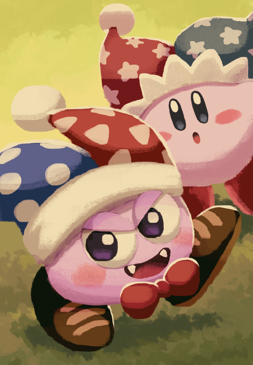 aruco_co blush_stickers bow bowtie brown_footwear colored_skin cosplay fangs hat highres jester_cap kirby kirby_(series) kirby_super_star marx_(kirby) marx_(kirby)_(cosplay) no_humans open_mouth pom_pom_(clothes) purple_eyes purple_skin smile solid_oval_eyes