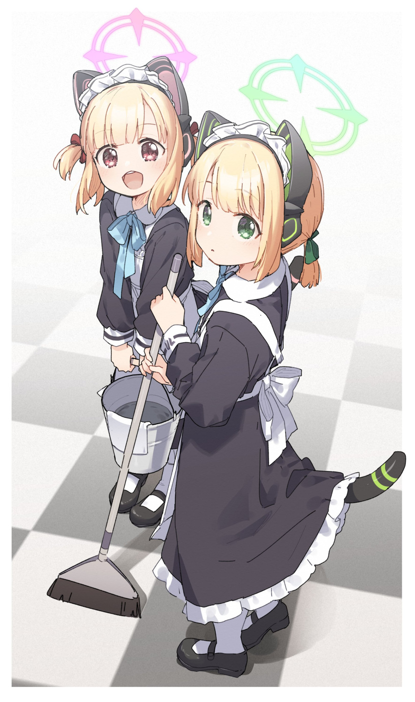 2girls absurdres alternate_costume animal_ear_headphones animal_ears blonde_hair blue_archive broom bucket cat_ear_headphones checkered_floor commentary_request enmaided fake_animal_ears green_eyes halo headphones highres holding holding_broom looking_at_viewer maid midori_(blue_archive) momoi_(blue_archive) multiple_girls open_mouth pink_eyes short_hair siblings sisters standing tail twins yukie_(kusaka_shi)