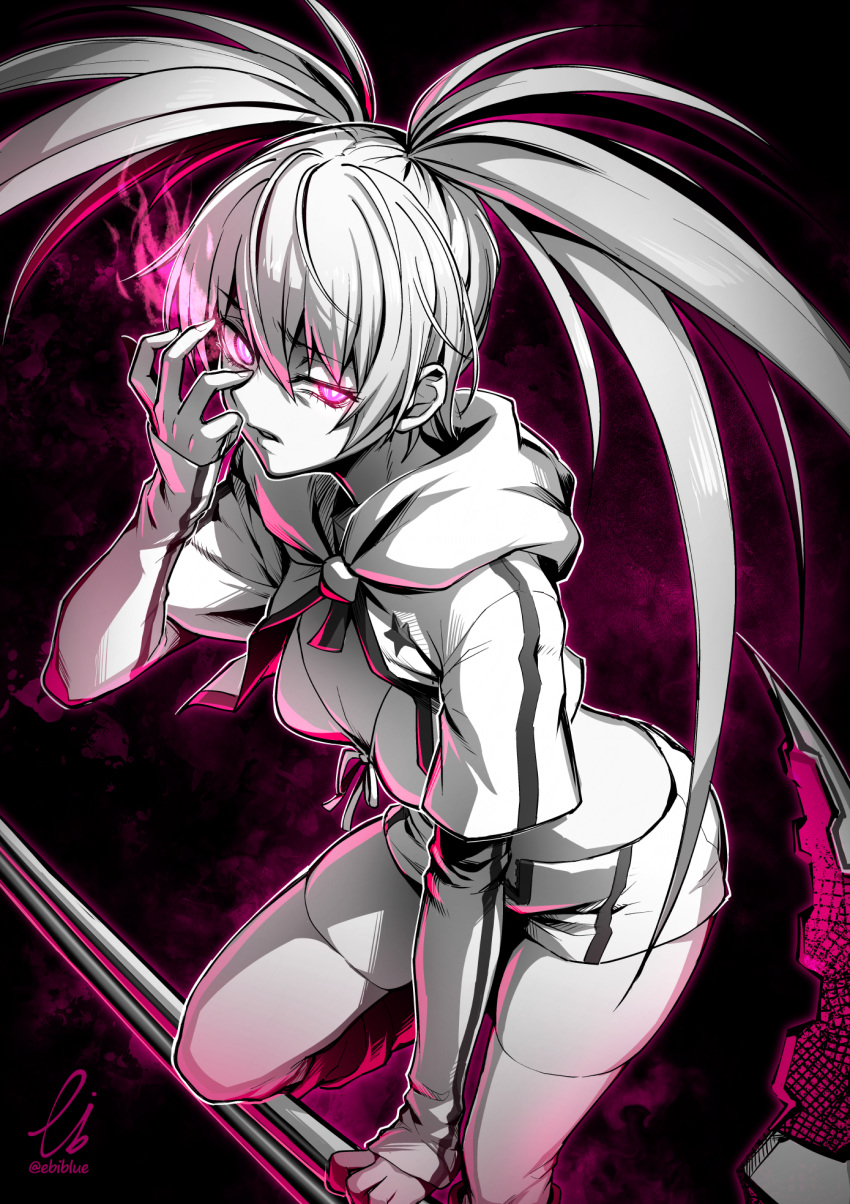 1girl bikini bikini_top_only black_rock_shooter black_rock_shooter_(game) breasts commission cropped_hoodie ebiblue flaming_eye front-tie_bikini_top front-tie_top greyscale highres holding holding_scythe holding_weapon hood hood_down hoodie initial long_hair monochrome pink_eyes pixiv_commission scythe short_shorts shorts solo spot_color star_(symbol) swimsuit thighhighs twintails twitter_username weapon white_rock_shooter