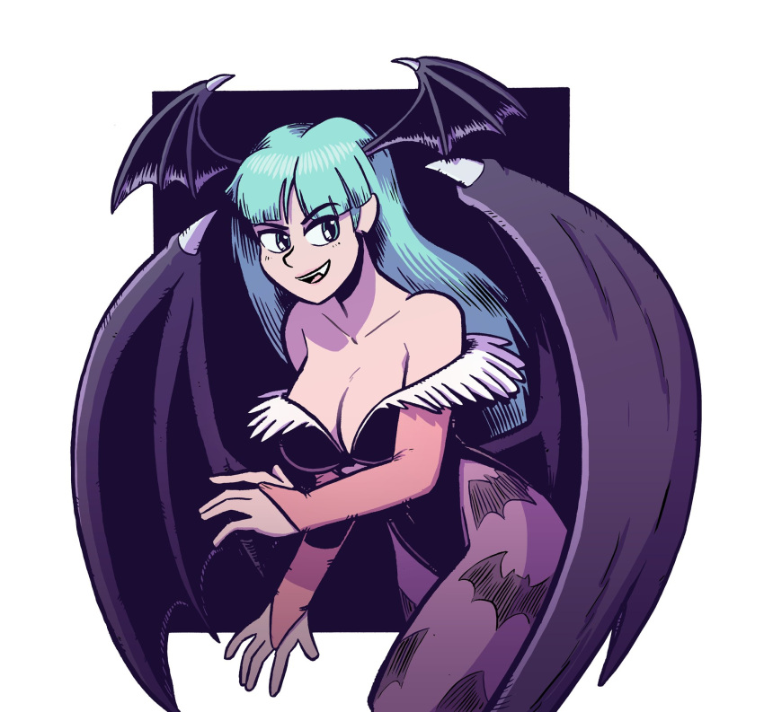 1girl :d animal_print bare_shoulders bat_print bat_wings breasts bridal_gauntlets cleavage covered_navel demon_girl elbow_gloves fang gloves green_eyes green_hair head_wings highres large_breasts leotard long_hair looking_at_viewer low_wings morrigan_aensland pantyhose parted_bangs print_pantyhose purple_pantyhose purple_wings sam_logan smile solo toon_(style) vampire_(game) wings