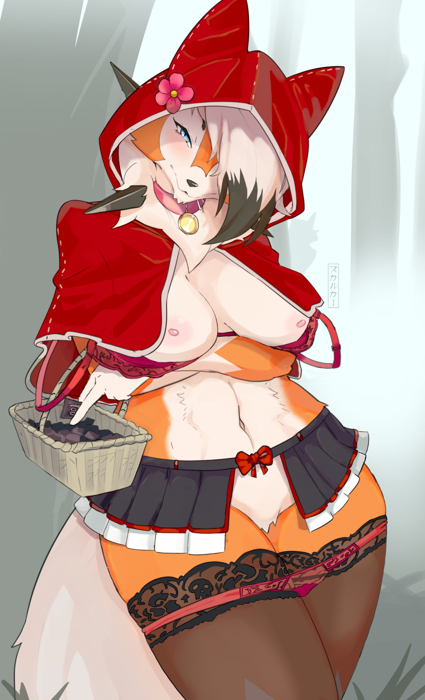 absurd_res anthro arm_under_breasts basket bottomless bottomwear breasts canid clothed clothing collar container costume crossed_arms dusk_lycanroc fairy_tales featureless_crotch female forest generation_7_pokemon hair hair_over_eye hi_res hood legwear little_red_riding_hood little_red_riding_hood_(copyright) lycanroc mammal neck_tuft nintendo nipples one_eye_obstructed outside panties panties_down partially_clothed plant pokemon pokemon_(species) skirt skulkers solo spikes standing stockings tree tuft underwear underwear_down white_hair