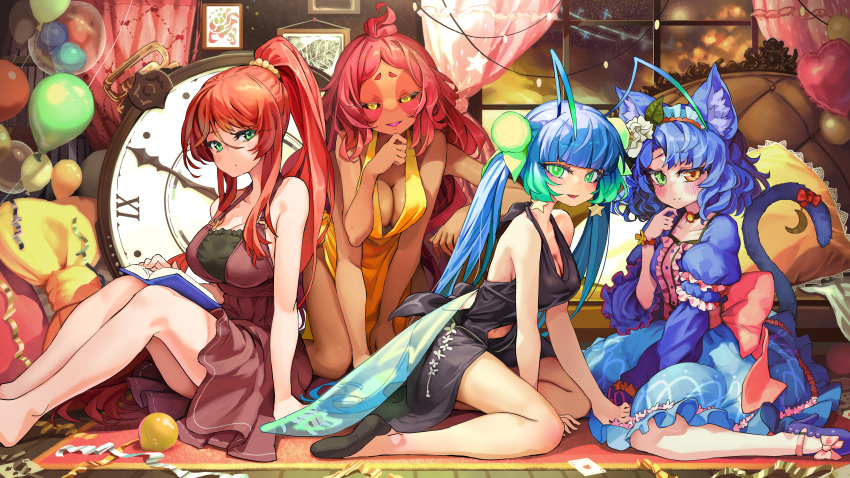 4girls absurdres animal_ear_fluff animal_ears balloon bare_arms bare_legs bare_shoulders black_dress black_sclera blue_hair blunt_bangs book_on_lap breasts card carpet cat_ears cat_girl cat_tail cleavage clock colored_sclera commentary commission couch curtains dark-skinned_female dark_skin dress earrings extra_arms green_eyes heterochromia highres indoors jewelry long_hair looking_at_viewer medium_breasts medium_hair melaton multiple_girls orange_eyes original pillow playing_card ponytail red_hair sitting skeb_commission sleeveless sleeveless_dress star_(symbol) star_earrings tail twintails very_long_hair window yellow_dress yellow_eyes