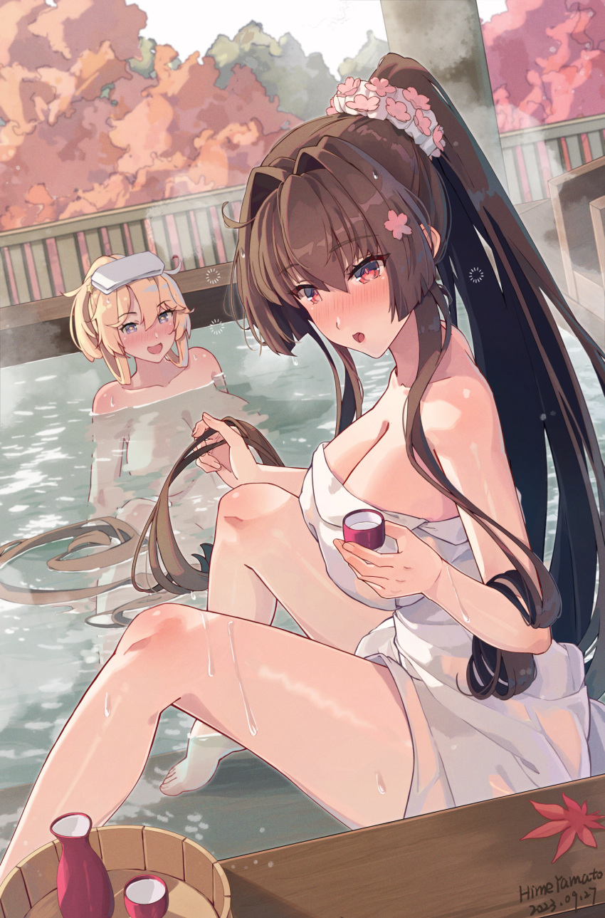 2girls alcohol bath bathing blonde_hair blue_eyes blush breasts brown_eyes brown_hair choko_(cup) cleavage collarbone commentary_request cup drunk flower hair_between_eyes hair_flower hair_ornament highres himeyamato iowa_(kancolle) kantai_collection large_breasts long_hair looking_at_viewer multiple_girls naked_towel nude onsen open_mouth outdoors partially_submerged ponytail sake sitting smile star-shaped_pupils star_(symbol) steam symbol-shaped_pupils tokkuri towel towel_on_head tree very_long_hair water wet yamato_(kancolle)