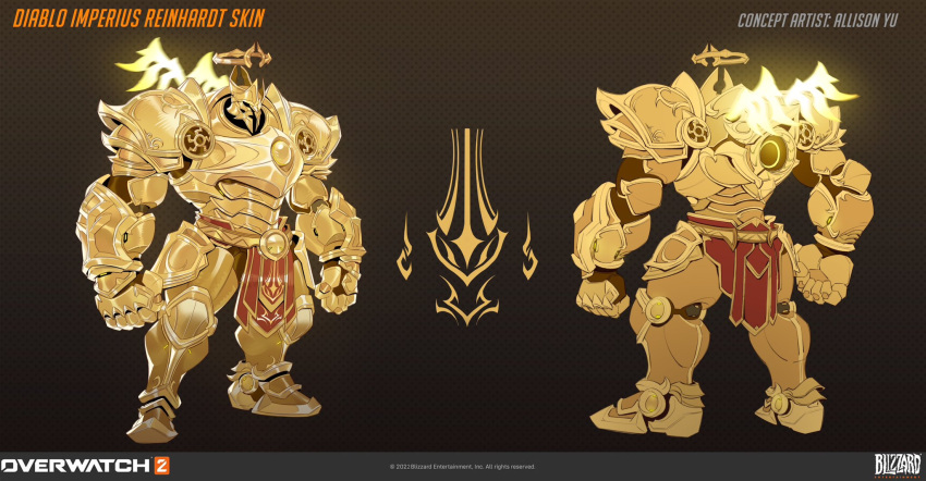 1boy 2023 armor artist_name clenched_hands concept_art copyright_name diablo ebi_draw english_commentary english_text full_body gold_armor gold_footwear halo helmet highres imperius logo official_art overwatch overwatch_2 reinhardt_(overwatch) simple_background wings