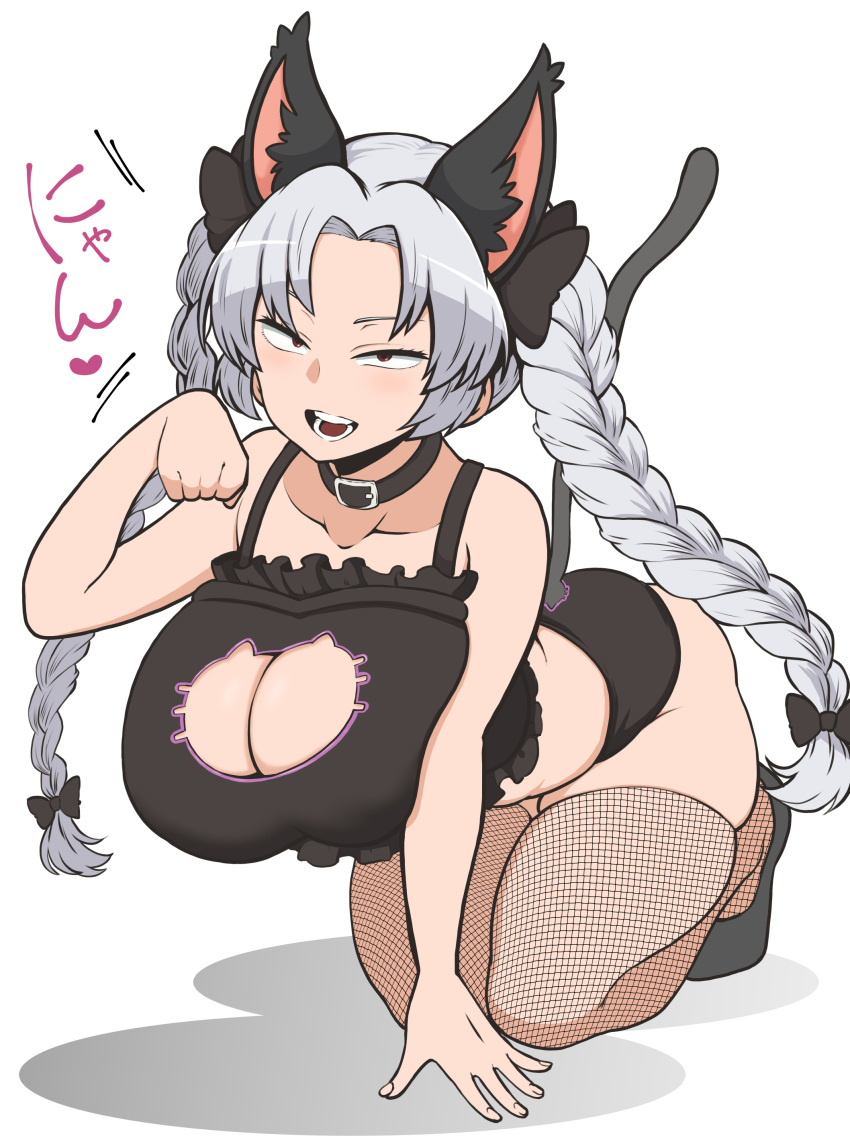 1girl absurdres animal_ears arm_support black_bow black_bra black_footwear bow bra braid breasts brown_eyes cat_cutout cat_ears cat_lingerie cat_tail cleavage cleavage_cutout clothing_cutout commentary_request cosplay fishnet_thighhighs fishnets full_body grey_hair heart highres himajin_noizu kaenbyou_rin kaenbyou_rin_(cosplay) large_breasts long_hair meme_attire open_mouth parted_bangs paw_pose simple_background solo tail thighhighs touhou twin_braids underwear yagokoro_eirin