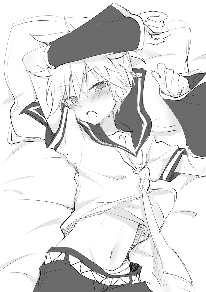 1boy arm_above_head bass_clef bed_sheet belt black_sailor_collar black_shorts black_sleeves blush clothes_lift detached_sleeves embarrassed half-closed_eyes headphones headset highres kagamine_len looking_at_viewer loose_necktie lying midriff_peek navel necktie nervous on_back open_mouth pillow sailor_collar sailor_shirt sexually_suggestive shirt shirt_lift shorts spiked_hair sudachi_(calendar) sweatdrop