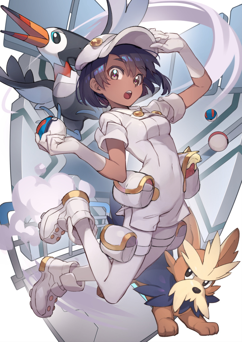 1girl absurdres aether_foundation_employee black_hair brown_eyes dark-skinned_female dark_skin gloves great_ball hat herdier highres holding holding_poke_ball looking_at_viewer medium_hair midair open_mouth pants poke_ball pokemon pokemon_(creature) pokemon_(game) pokemon_sm shoes short_sleeves smoke trumbeak uedrk_yamato white_gloves