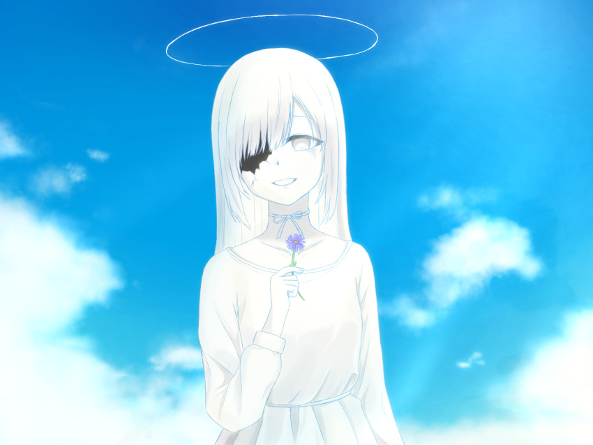 1girl blue_sky cloud colored_skin commentary_request cracked_skin dress flower halo highres holding holding_flower k-d long_hair long_sleeves looking_at_viewer neck_ribbon one-eyed original parted_lips ribbon sky smile solo upper_body white_dress white_eyes white_hair white_ribbon white_skin