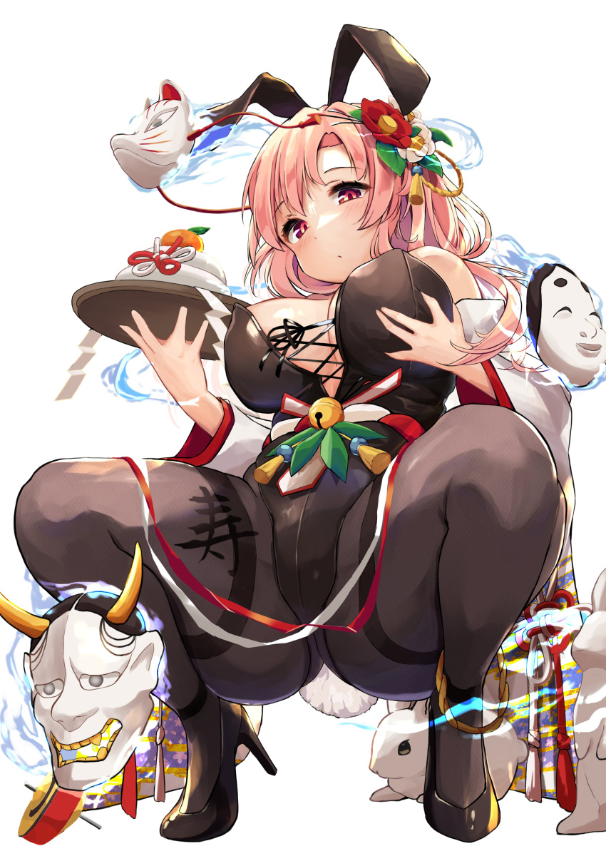 1girl absurdres animal_ears bell black_footwear black_leotard black_pantyhose breasts cleavage closed_mouth commentary_request cross-laced_clothes from_below hair_ornament hata_no_kokoro high_heels highres hira-san jingle_bell kagami_mochi large_breasts leotard long_hair looking_at_viewer new_year noh_mask pantyhose pink_eyes pink_hair playboy_bunny rabbit rabbit_ears squatting touhou