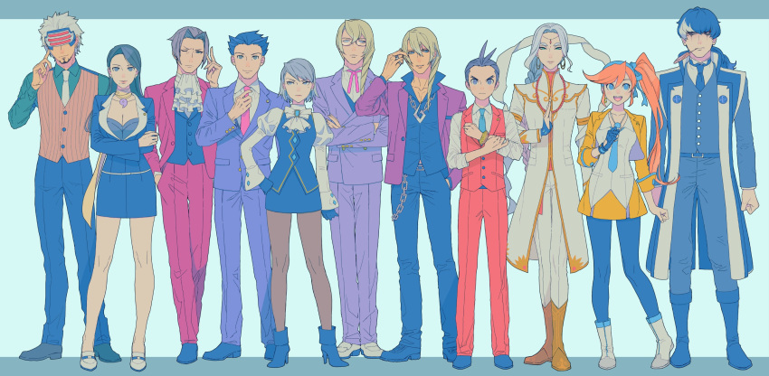 &gt;:( 3girls 6+boys :d ace_attorney adjusting_clothes adjusting_hair adjusting_necktie ankle_boots annoyed antenna_hair apollo_justice aqua_shirt arm_at_side arms_at_sides athena_cykes belt black_dress black_footwear black_gloves black_jacket black_shirt black_skirt black_vest blonde_hair blue_eyes blue_footwear blue_gloves blue_hair blue_jacket blue_necktie blue_pants blue_pantyhose blue_ribbon blue_suit boots bow bowtie bracelet braid breast_pocket brown_eyes brown_hair brown_pantyhose brown_vest buttons chain_necklace clenched_hand clenched_hands closed_jacket closed_mouth coat collared_shirt covered_eyes cropped_jacket crossed_arms dark-skinned_male dark_skin dress earrings facial_hair feather_in_mouth finger_to_cheek forehead_jewel franziska_von_karma full_body glasses gloves goatee godot_(ace_attorney) grey_hair hair_intakes hair_ribbon hand_in_pocket hand_on_own_arm hand_on_own_hip hand_up high_heel_boots high_heels highres jacket jewelry juliet_sleeves klavier_gavin knee_boots kristoph_gavin lapel_pin lapels legs_apart legs_together long_hair long_sleeves looking_at_another looking_at_viewer low_ponytail magatama magatama_necklace mia_fey midriff_peek miles_edgeworth mole mole_under_eye multicolored_hair multiple_boys multiple_girls nahyuta_sahdmadhi neck_ribbon necklace necktie one_eye_closed open_clothes open_collar open_jacket open_mouth orange_hair ouse_(otussger) pants pantyhose pastel_colors pencil_dress pencil_skirt phoenix_wright pink_necktie pink_ribbon pocket puffy_sleeves purple_jacket red_pants red_suit red_vest ribbon scarf shirt shoes short_dress short_hair sidelocks simon_blackquill single_braid single_glove skirt sleeve_cuffs sleeves_rolled_up smile spiked_hair standing striped striped_vest suit suit_jacket swept_bangs two-tone_hair v-shaped_eyebrows vertical-striped_vest vertical_stripes very_short_hair vest wallet_chain white_bow white_bowtie white_coat white_footwear white_hair white_jabot white_necktie white_pants white_shirt yellow_footwear yellow_jacket yellow_scarf yellow_skirt