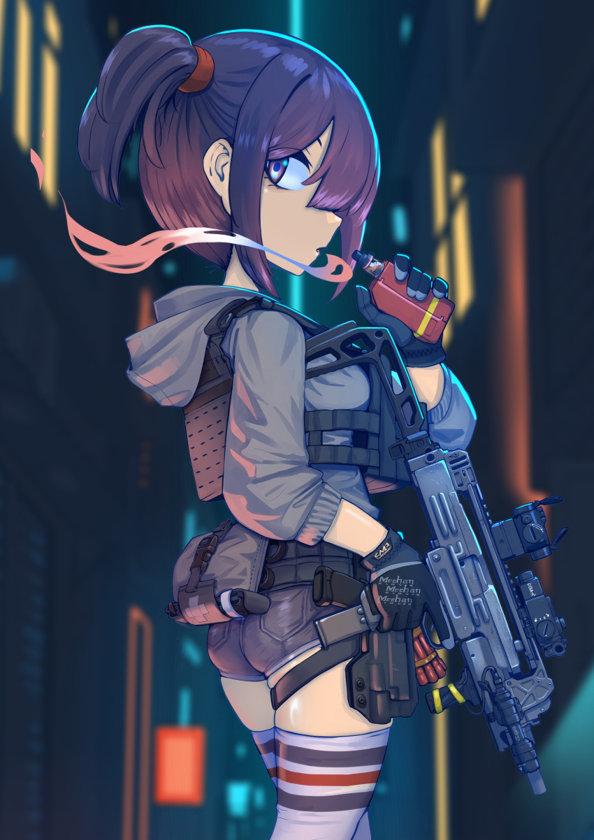 1girl absurdres cityscape electronic_cigarette erica_(naze1940) first_aid_kit gloves gun handgun highres hood hoodie imi_uzi looking_back military_operator optical_sight original purple_eyes shorts smoking solo submachine_gun termichan_(not-a-bot) thighhighs trigger_discipline weapon