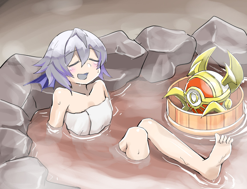 1girl 1other absurdres agido_the_ancient_sentinel barefoot blue_tongue bucket closed_eyes colored_tongue commentary duel_monster eye_of_horus grey_hair highres monster naked_towel onsen relaxing short_hair smile tearlaments_merrli tomiyama_mishiro towel water yu-gi-oh! yu-gi-oh!_master_duel