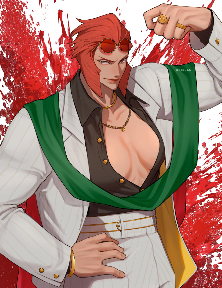 1girl absurdres black_shirt bracelet breasts dress_shirt eyewear_on_head formal gold_bracelet gold_necklace green_eyes green_scarf grey_pants grey_suit highres jewelry kidkyan marisa_(street_fighter) multiple_rings muscular muscular_female necklace pants partially_unbuttoned red_hair ring scarf shirt short_hair solo street_fighter street_fighter_6 suit sunglasses