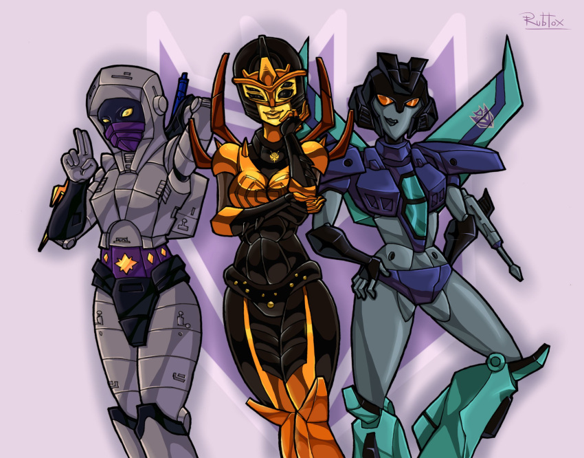 3girls black_eyes black_panties blackarachnia breasts colored_skin curvy grey_lips grey_skin hand_on_own_hip highres humanoid_robot mask medium_breasts mouth_mask multiple_girls nightbird_(transformers) panties purple_panties red_eyes robot rubtox slipstream_(transformers) transformers transformers_animated underwear wings yellow_eyes yellow_lips