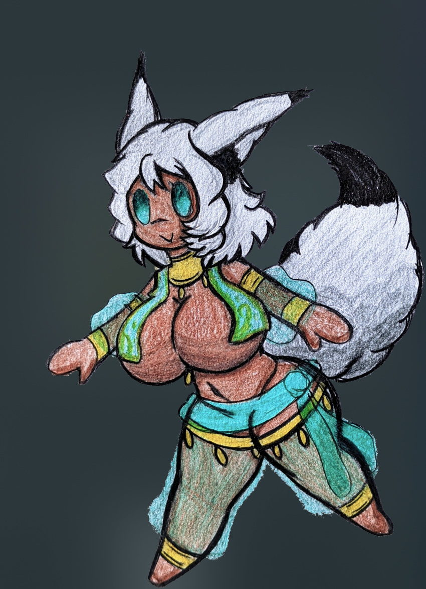 absurd_res animal_humanoid big_breasts big_tail breasts brown_body dancing ear_tuft female grey_hair hair hi_res huge_breasts humanoid multicolored_ears multicolored_tail simple_background solo tail teal_eyes thick_thighs tuft