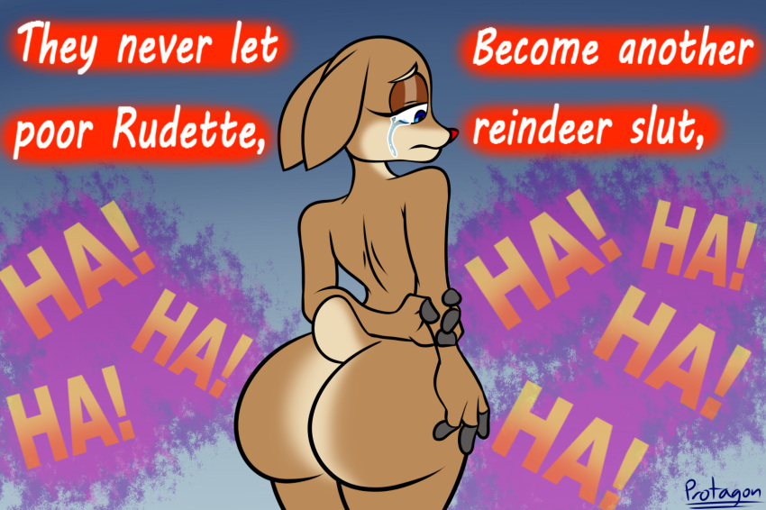anthro big_butt bodily_fluids brown_body butt crying deer english_text female hi_res mammal nude protagon tears text