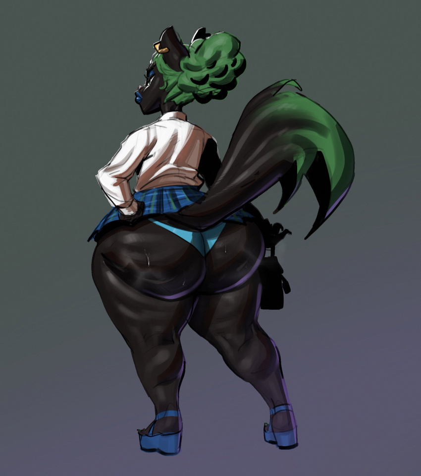 big_butt bottomwear butt cellulite clothing clothing_too_small digital_media_(artwork) female fur hi_res huge_butt mammal piercing simple_background sinkhaffa skirt solo squigga tail thick_thighs wide_hips