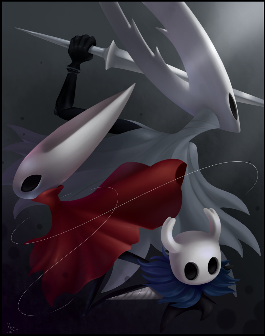 2020 action_pose ambiguous_gender anthro arthropod black_body black_border black_exoskeleton black_eyes blue_cape border clothed clothing dress empty_eyes exoskeleton featureless_crotch featureless_feet grey_background grey_cape group hi_res holding_object holding_weapon hollow_knight hollow_knight_(character) horn hornet_(hollow_knight) insect kakrita larger_ambiguous light lighting long_neck nail_(weapon) on_one_leg portrait pose protagonist_(hollow_knight) red_clothing red_dress shaded sibling simple_background size_difference smaller_ambiguous standing string team_cherry thread vessel_(species) weapon