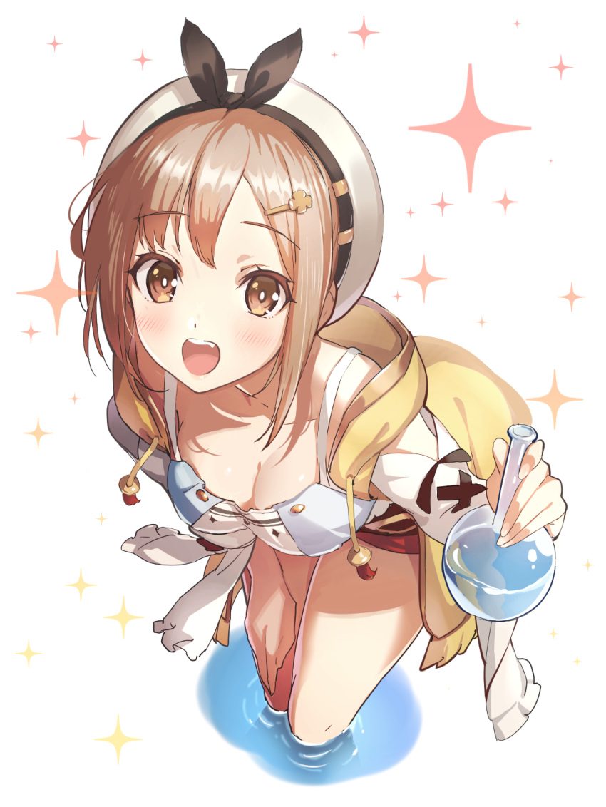 1girl :d atelier_(series) atelier_ryza atelier_ryza_1 bent_over breasts brown_eyes brown_hair cleavage collarbone commentary_request flask from_above green322 hair_ornament hairclip hat highres looking_at_viewer medium_breasts open_mouth red_shorts reisalin_stout short_hair short_shorts shorts simple_background smile solo sparkle_background standing wading water white_background white_headwear