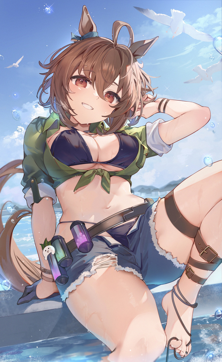 1girl absurdres agnes_tachyon_(lunatic_lab)_(umamusume) agnes_tachyon_(umamusume) ahoge animal_ears barefoot bikini bird black_bikini blue_shorts breasts brown_eyes brown_hair cleavage commentary_request day denim denim_shorts green_shirt grin highres horse_ears horse_girl horse_tail kii-kun_(agnes_tachyon)_(umamusume) kita_(kitairoha) large_breasts long_hair looking_at_viewer micro_shorts navel official_alternate_costume outdoors parted_lips seagull shirt short_sleeves shorts sitting sky smile solo summer's_sunlight_fades_to_blue_(umamusume) swimsuit tail teeth umamusume