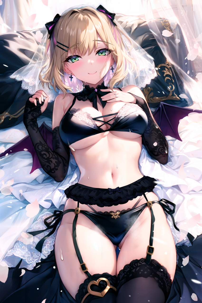 1girl absurdres alternate_costume ass_visible_through_thighs bare_shoulders black_bra black_panties black_thighhighs blonde_hair bra breasts cleavage closed_mouth detached_collar garter_belt green_eyes halterneck hand_on_own_chest hands_up highres jewelry kurumi_noah lace-trimmed_bra lace_trim large_breasts lingerie looking_at_viewer mini_wings navel panties ring short_hair side-tie_panties smile solo stomach string_bra string_panties sugiki sweat thighhighs thighs underwear underwear_only veil virtual_youtuber vspo! wings