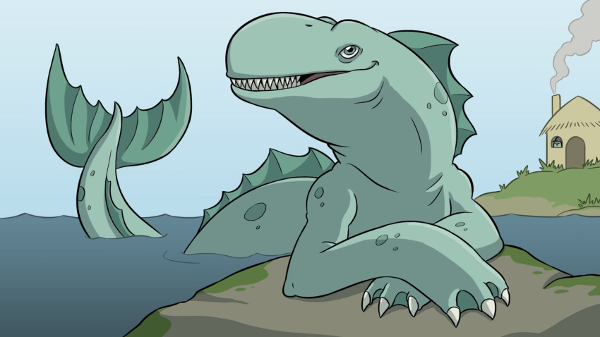 16:9 ambiguous_gender building clawed_fingers drawfee drawfee_(copyright) feral fin head_fin hi_res house marine membrane_(anatomy) nathan_yaffe partially_submerged sharp_teeth smile solo spots spotted_body tail tail_fin teeth water webbed_hands widescreen