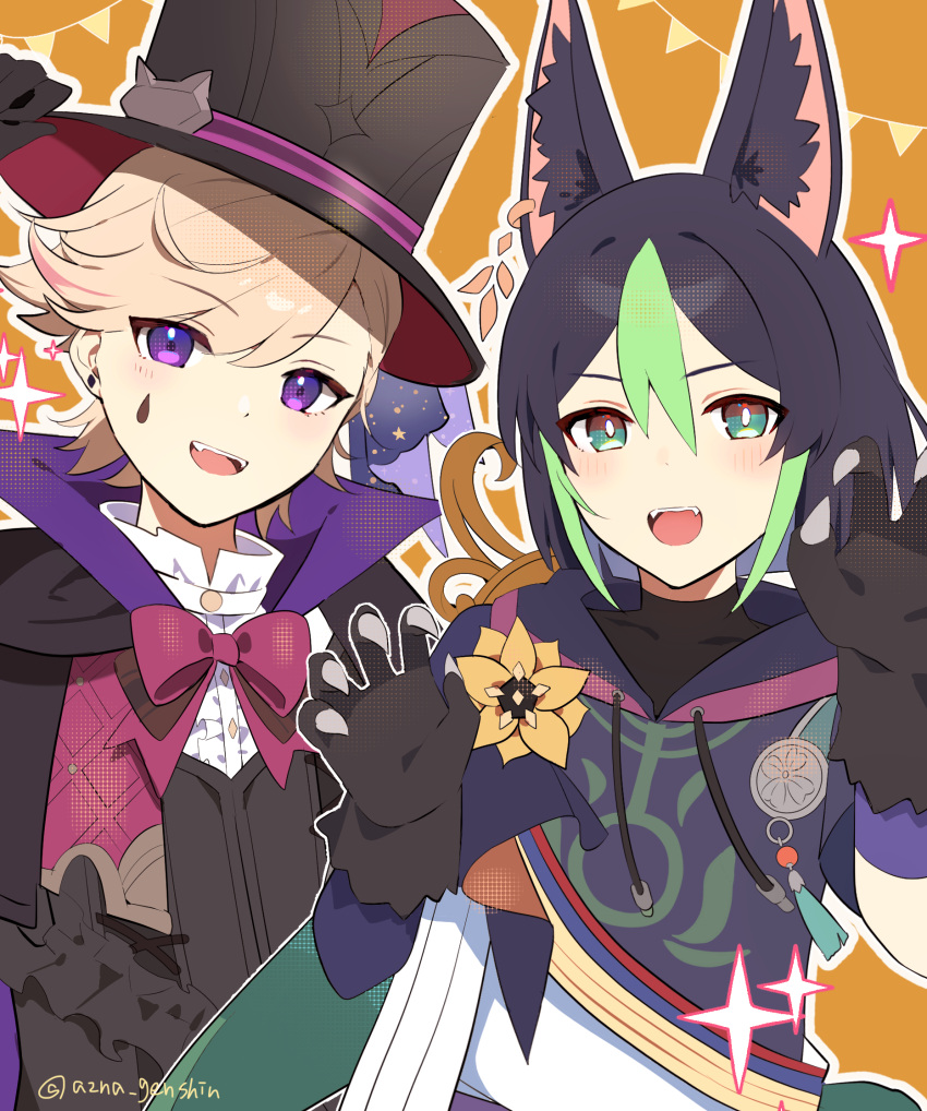 2boys animal_ears animal_hands azna bishounen black_gloves black_hair fang flower fox_boy fox_ears genshin_impact gloves green_hair grey_hair hat highres lyney_(genshin_impact) male_focus multicolored_hair multiple_boys open_mouth paw_gloves paw_pose purple_eyes smile streaked_hair tighnari_(genshin_impact) top_hat upper_body