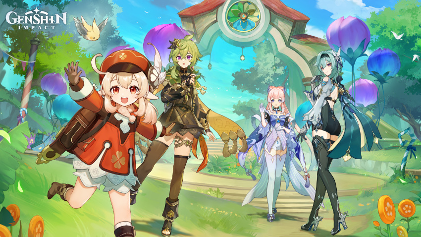 4girls :d absurdres ahoge ass backpack bag black_hairband blonde_hair blue_eyes blue_hair bow bow-shaped_hair breasts brown_gloves cabbie_hat capelet closed_mouth collei_(genshin_impact) eula_(genshin_impact) genshin_impact gloves gradient_hair green_capelet green_hair hair_between_eyes hair_ornament hairband hat hat_feather highres jewelry klee_(genshin_impact) log long_hair long_sleeves looking_at_viewer medium_hair multicolored_hair multiple_girls official_art open_mouth outdoors pink_hair pointy_ears purple_eyes red_eyes red_headwear sangonomiya_kokomi smile thighhighs thighs