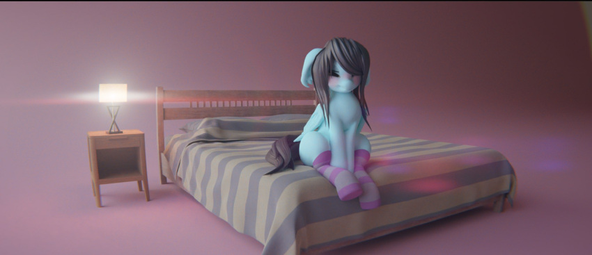 bat_pony bed bedding blanket blue_body blush clothing ears_back equid female feral flower_(lfo) footwear furniture grey_tail grey_wings hair hasbro headboard hi_res lamp legwear long_hair mammal my_little_pony nightstand on_bed pattern_clothing pattern_footwear pattern_legwear pattern_socks pivoted_ears simple_background sitting sitting_on_bed socks solo striped_clothing striped_footwear striped_socks stripes the1lfo thigh_highs thigh_socks wings