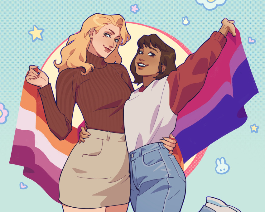 2girls absurdres bisexual_flag blonde_hair blue_background brown_hair brown_sweater couple dark-skinned_female dark_skin denim flag happy highres holding holding_flag hug jeans ladysantos30 lesbian_flag looking_at_viewer miniskirt mole mole_under_eye multiple_girls original pants pride_month rainbow_flag skirt smile sweater yuri