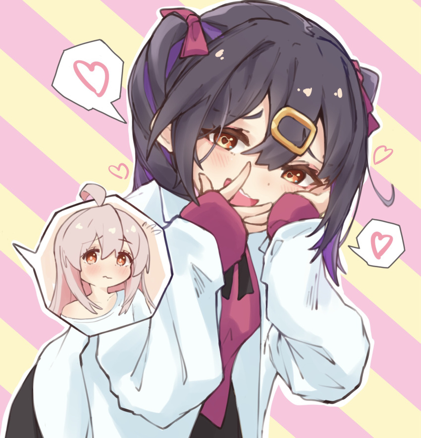 2girls :d ahoge black_hair bow brown_eyes commentary hair_between_eyes hair_bow hair_ornament hairclip hand_on_own_cheek hand_on_own_face hands_on_own_face heart heart-shaped_pupils highres inset komaki_(komaki0769) labcoat long_hair long_sleeves lovestruck multicolored_hair multiple_girls onii-chan_wa_oshimai! open_mouth outline oyama_mahiro oyama_mihari purple_hair red_bow red_shirt shirt siblings simple_background sisters smile solo_focus spoken_heart striped striped_background symbol-shaped_pupils twintails two-tone_hair wavy_mouth white_outline