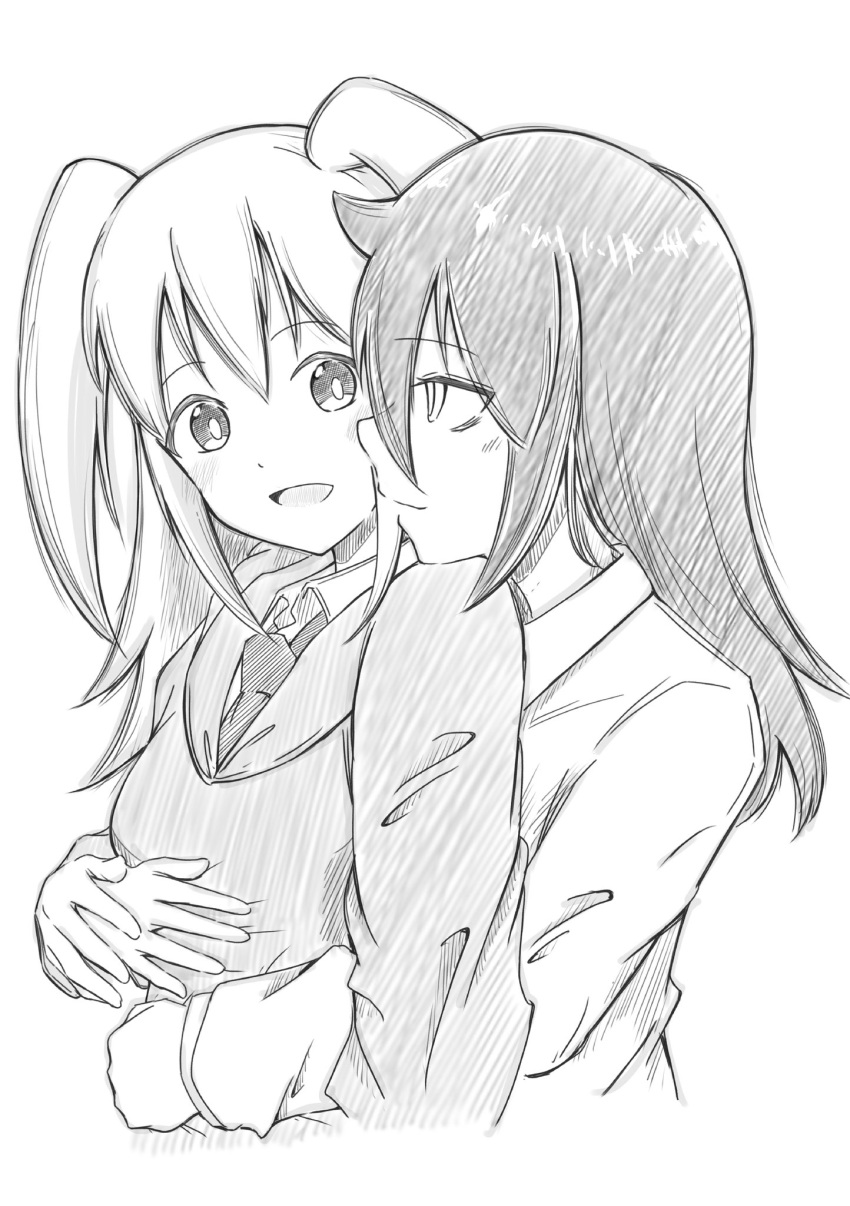 2girls :d azuminonomizua bags_under_eyes blush collared_shirt highres holding_hands hood hoodie hug hug_from_behind kuroki_tomoko long_hair looking_at_another monochrome multiple_girls necktie nemoto_hina open_mouth profile school_uniform shirt smile two_side_up watashi_ga_motenai_no_wa_dou_kangaetemo_omaera_ga_warui! yuri