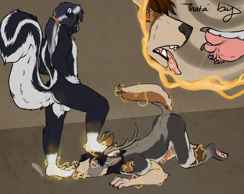 2016 all_fours anthro anthro_to_feral balls black_body black_fur black_hair brown_body brown_fur brown_hair canid canine cervine comic_panel deer erection feet fennec foot_fetish foot_focus foot_lick foot_play fox full_pad fur genitals grey_body grey_fur grey_hair hair hypno_eyes hypnosis hypnotic_eyes licking magic magic_energy male male/male mammal mephitid mind_break mind_control mind_wipe musk musky_paws neck_tuft orange_eyes paw_on_head paws ponytail ra'deer raised_tail skunk standing standing_on_head tail text tongue tongue_out transformation transformation_through_magic tuft white_body white_fur whitefeathersrain