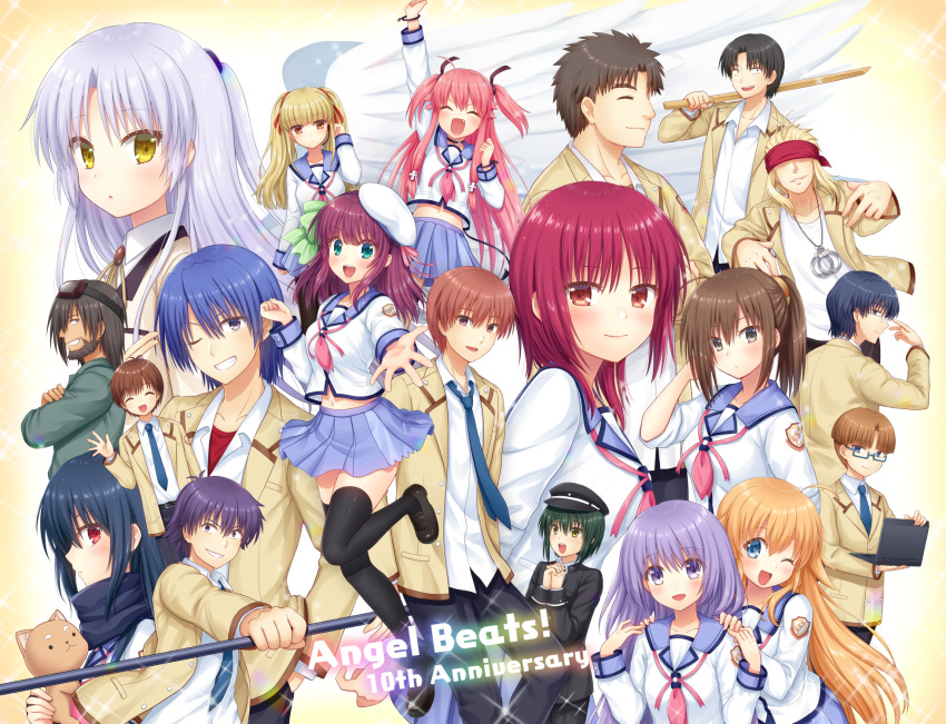 6+boys 6+girls angel_beats! angel_wings anniversary black_hair blazer blindfold blonde_hair blue_skirt bokken brown_hair char_(angel_beats!) closed_eyes commentary_request computer cowboy_shot demon_tail everyone fang feathered_wings fujimaki_(angel_beats!) full_body green_hair grey_hair highres hinata_hideki hisako_(angel_beats!) irie_miyuki iwasawa_masami jacket jumpsuit laptop long_hair looking_at_viewer matsushita multiple_boys multiple_girls nakamura_hinato nakamura_yuri naoi_ayato neckerchief necktie noda_(angel_beats!) ooyama_(angel_beats!) otonashi_yuzuru parted_lips pink_hair pink_neckerchief pleated_skirt polearm purple_hair red_hair saitou_(angel_beats!) school_uniform sekine_shiori serafuku shiina_(angel_beats!) shinda_sekai_sensen_uniform short_hair skirt stuffed_animal stuffed_cat stuffed_toy sword tachibana_kanade tail takamatsu takeyama_(angel_beats!) thighhighs tk_(angel_beats!) weapon wings wooden_sword yui_(angel_beats!) yusa_(angel_beats!)