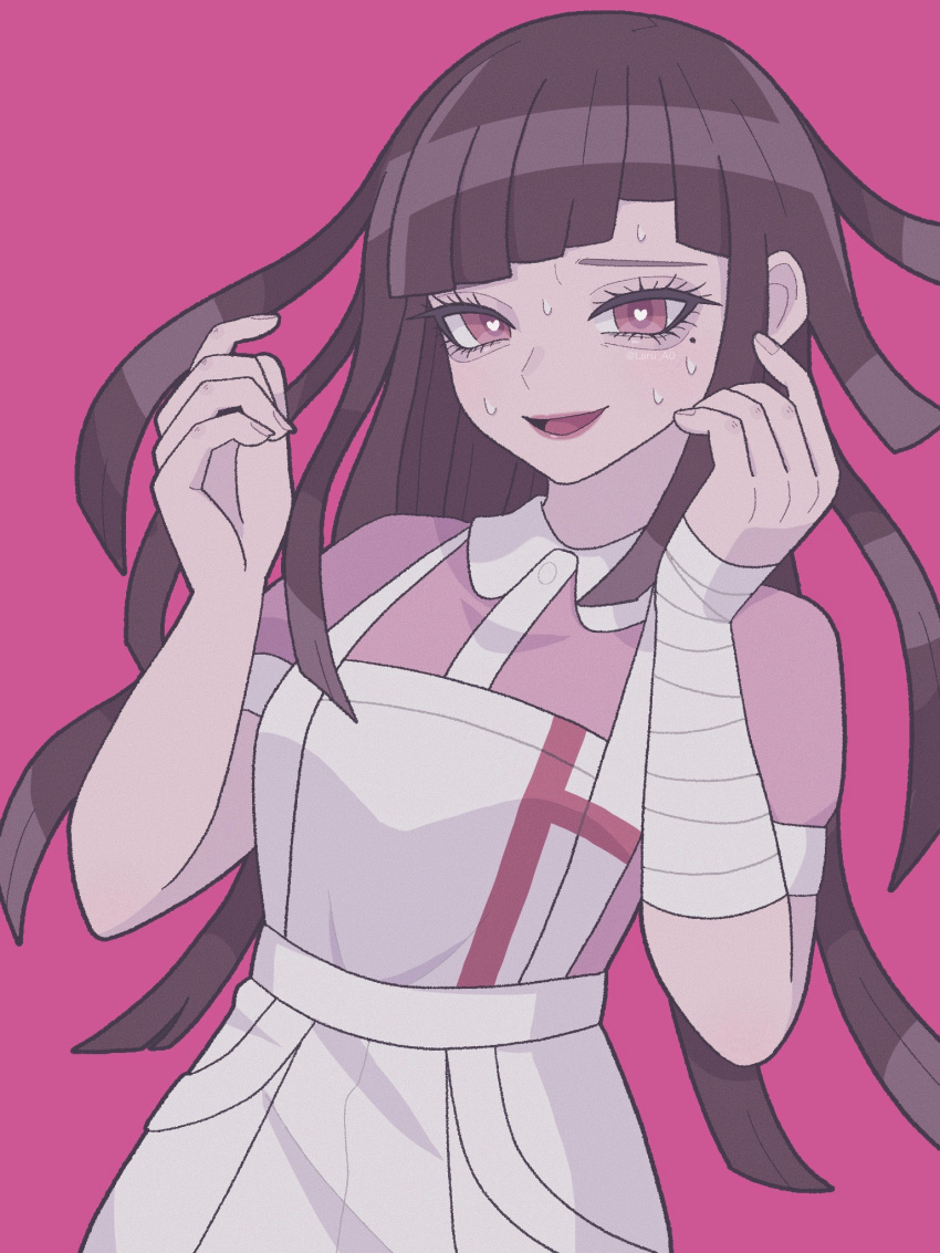 1girl :d amano_raru apron bandaged_arm bandages black_hair breasts danganronpa_(series) danganronpa_2:_goodbye_despair hands_up heart heart-shaped_pupils highres large_breasts long_hair looking_at_viewer mole mole_under_eye open_mouth pink_background pink_shirt puffy_short_sleeves puffy_sleeves shirt short_sleeves smile solo sweat symbol-shaped_pupils tsumiki_mikan two-tone_shirt white_apron white_shirt