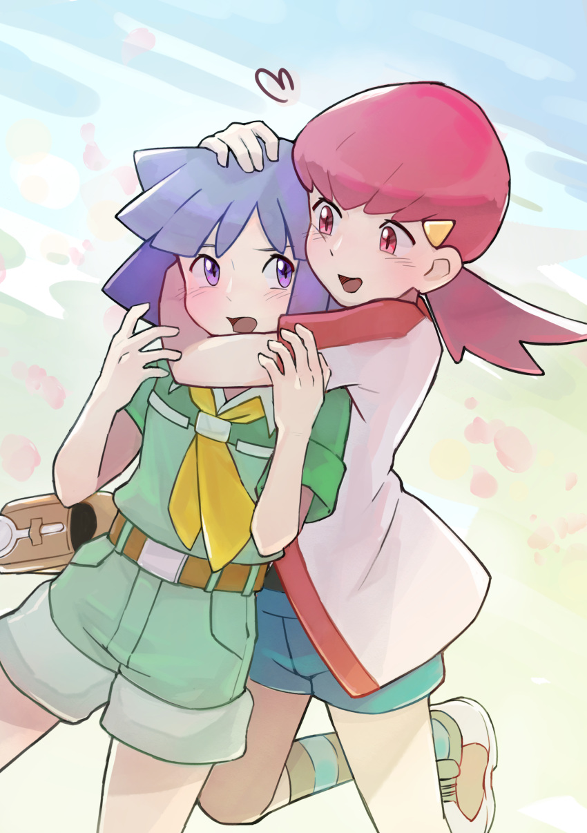 1boy 1girl absurdres belt belt_buckle belt_pouch blush brown_belt buckle bugsy_(pokemon) collared_shirt commentary_request commission green_shirt green_shorts highres hug hug_from_behind jacket leg_up magnifying_glass neckerchief open_mouth pink_eyes pink_hair pixiv_commission pokemon pokemon_(game) pokemon_hgss pouch purple_eyes purple_hair shake_shark3 shirt shoes short_hair short_sleeves shorts socks white_jacket whitney_(pokemon) yellow_neckerchief