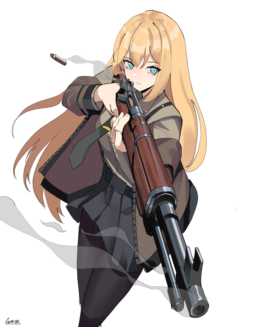 1girl absurdres artist_name blonde_hair blue_eyes brown_jacket firing gar32 girls'_frontline green_necktie grey_shirt grey_skirt gun highres jacket m1_garand m1_garand_(girls'_frontline) necktie pantyhose rifle shell_casing shirt skirt smoke smoking_gun solo weapon white_background