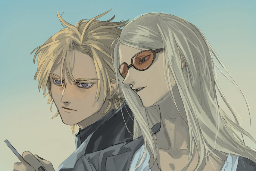 2boys black_coat black_jacket black_nails blonde_hair cigarette coat daybit_sem_void fate/grand_order fate_(series) highres holding holding_cigarette jacket long_hair male_focus multiple_boys open_clothes open_jacket orange-tinted_eyewear purple_eyes riku_gotaro sunglasses tezcatlipoca_(fate) tinted_eyewear trench_coat upper_body