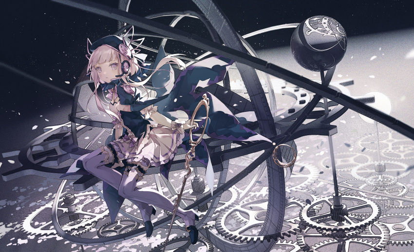 1girl arcaea beret boots crescent frilled_skirt frills gears hat headphones highres holding holding_weapon luna_(arcaea) mechari pink_eyes pink_hair scissors sitting skirt solo thigh_boots weapon wrist_cuffs