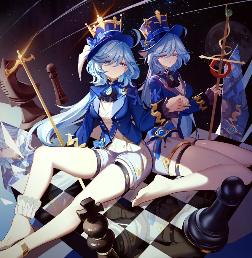 absurdres barefoot blue_eyes blue_gemstone blue_hair blue_headwear blue_jacket board_game chess chess_piece closed_mouth furina_(genshin_impact) gem genshin_impact hair_between_eyes hat highres jacket light_blue_hair long_hair long_sleeves luai multicolored_hair smile top_hat vision_(genshin_impact) white_hair