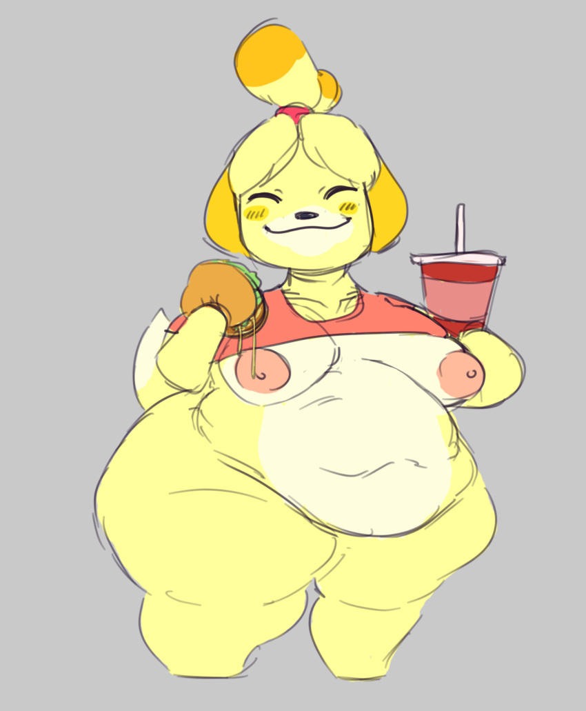 animal_crossing anthro belly big_belly big_breasts big_butt breasts butt female food hi_res isabelle_(animal_crossing) nintendo overweight short_stack slightly_chubby solo weight_gain wobblinggut