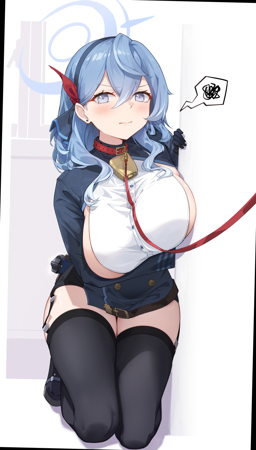 1girl absurdres ako_(blue_archive) bell black_thighhighs blue_archive blue_eyes blue_hair blush breasts earrings garter_straps gun halo handgun highres jewelry kneeling large_breasts leash looking_at_viewer luger_p08 neck_bell sideboob solo spoken_squiggle squiggle stud_earrings sukaliya thighhighs weapon